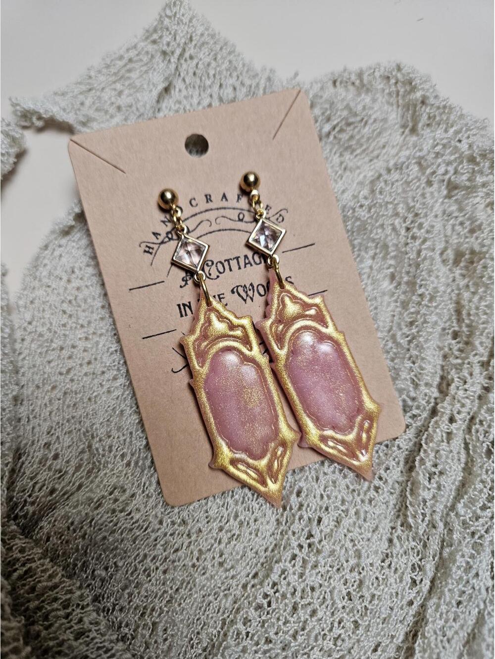 Handmade Polymer Clay Pink Gold Earrings Ornate Fairycore Cottagecore Statement
